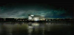 Vue de la MÉCA de nuit au bord de la Garonne, Architectes : Bjarke Ingels (BIG) (Copenhague) associé à Freaks freearchitects (Paris)